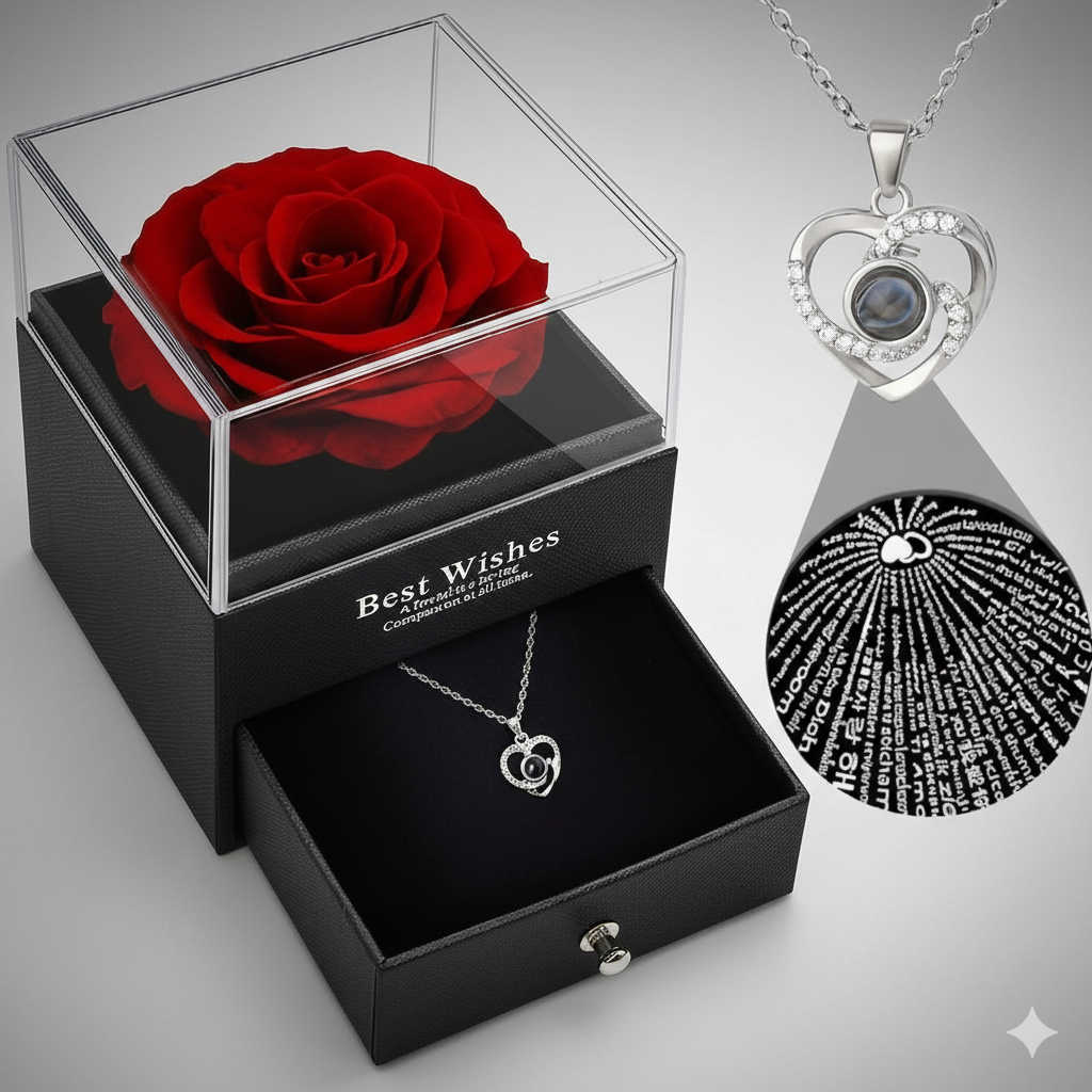 Collier Pendentif Love avec Rose Artificielle