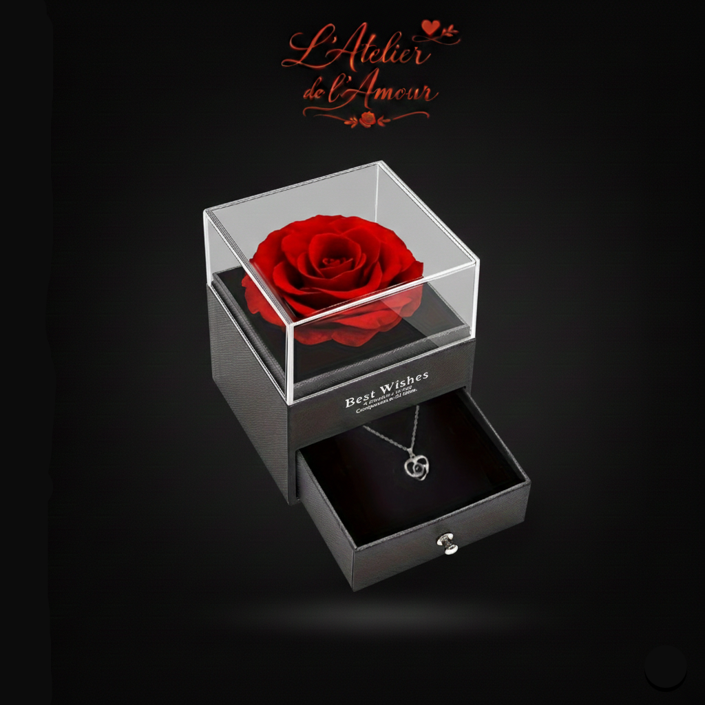 Collier Pendentif Love avec Rose Artificielle